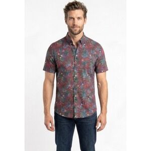Paisley & Gray Men's Slim Fit Tropical Button‎ Up Shirt Red Floral Plumeria S 15